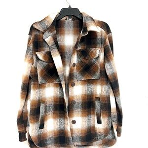 Plaid Button-Up Shacket in Brown, Black & Cream
